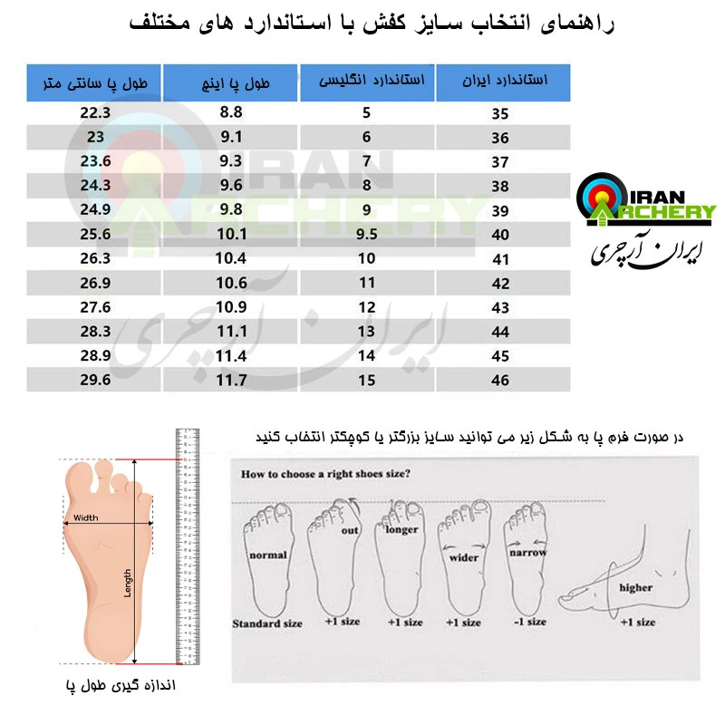 جدول انتخاب سایز کفش